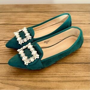 Chase + Chloe Faux Suede Emerald Flats with Embellished Buckle Size 7.5 Women